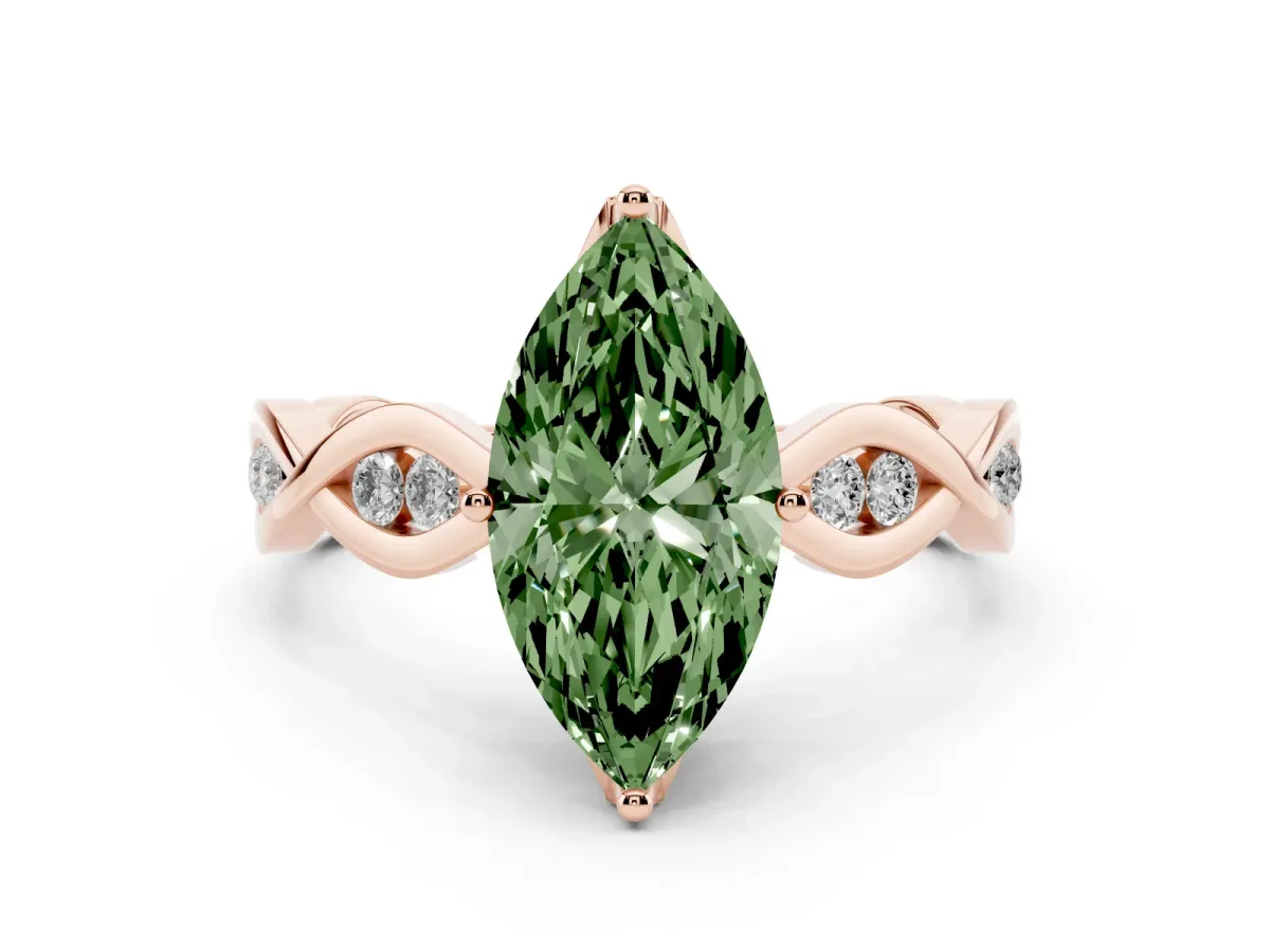 Fancy Green Marquise Cut Solitaire Twist Band with Leaf Prong Setting Rose gold
