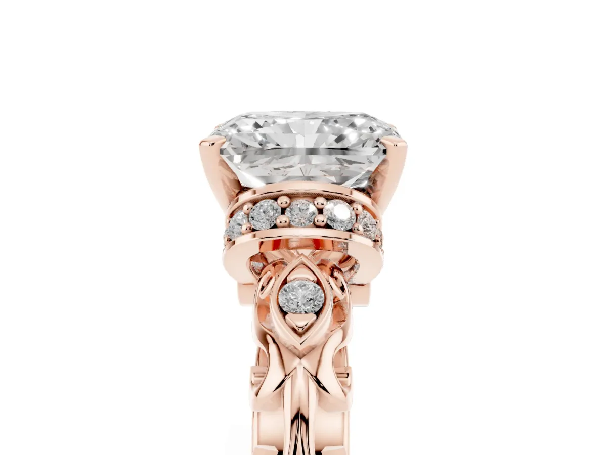 Radiant Cut Diamond Solitaire Ring with Filigree Band and Four-Prong Setting Rose gold