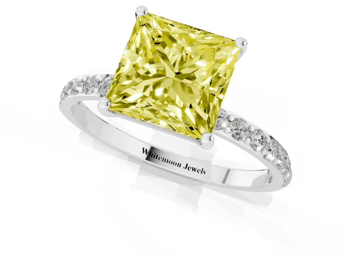 Fancy Yellow Princess Cut Diamond Solitaire Ring with Round Pavé Shoulders and Prong Setting Silver