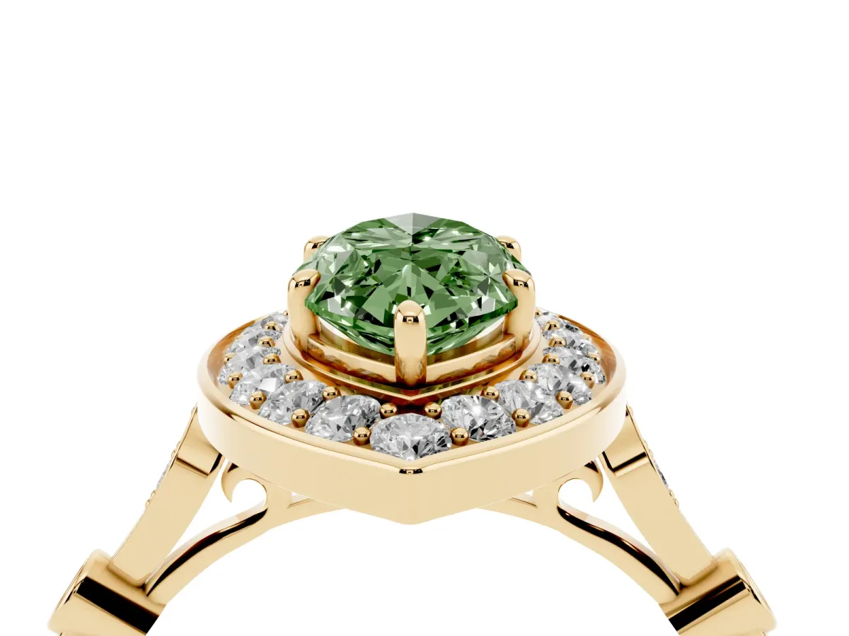 Fancy Green Marquise Cut Halo Diamond Engagement Ring with Twisted Band and Four-Prong Setting Yellow gold
