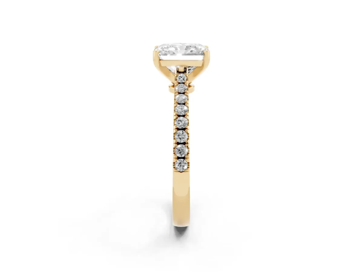 Radiant Cut Cut Solitaire Diamond Engagement Ring with Pave Band and Four-Prong Setting Yellow gold
