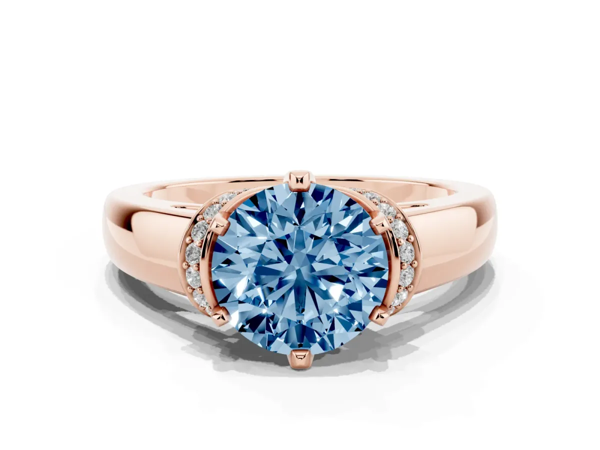 Fancy Blue Round Cut Solitaire Diamond Ring with Pave Band and Six-Prong Setting Rose gold