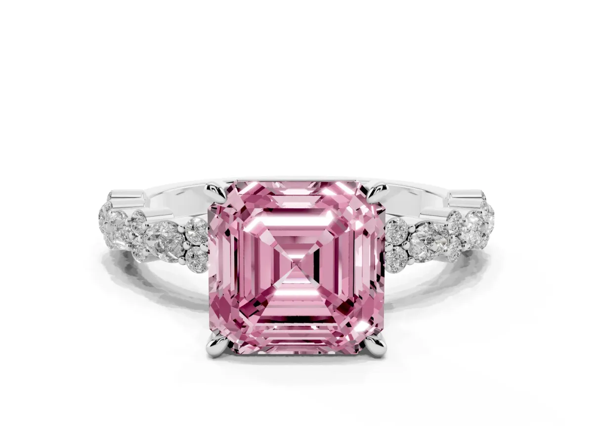 Fancy Pink Asscher Cut Diamond Side Stone Solitaire Ring with Round and Four-Prong Setting Platinum