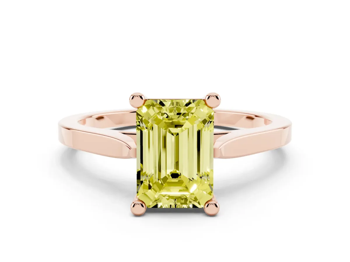Fancy Yellow Emerald Cut Solitaire Diamond Ring with Four-Prong Setting and Tapered Band Rose gold