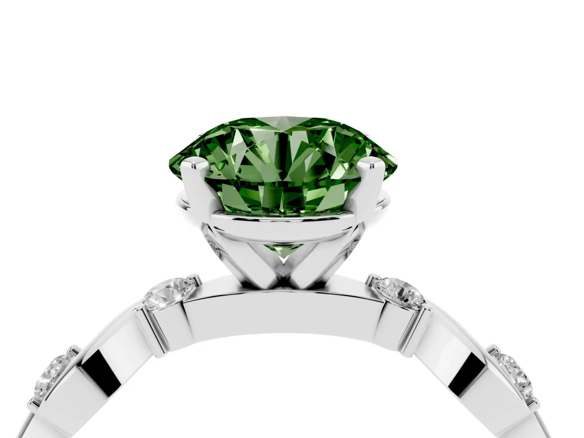 Fancy Green Round Cut Diamond Solitaire Twisted Band with Round Accents and Prong Setting Silver