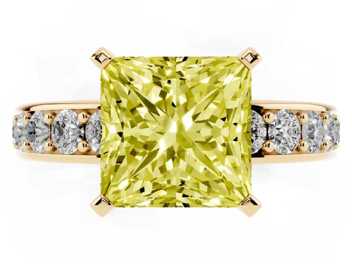 Fancy Yellow Princess Cut Diamond Engagement Ring with Channel Set Round Band and Prong Setting Yellow gold