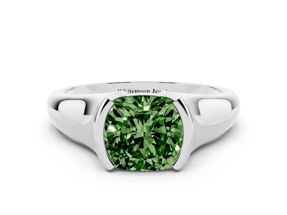 Fancy Green Cushion Cut Solitaire Tension Set Diamond Ring with Split Shank Band Platinum