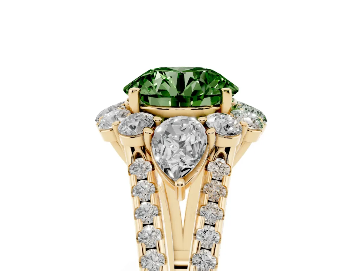 Fancy Green Round Cut Halo Split Shank Diamond Engagement Ring with Prong Setting Yellow gold