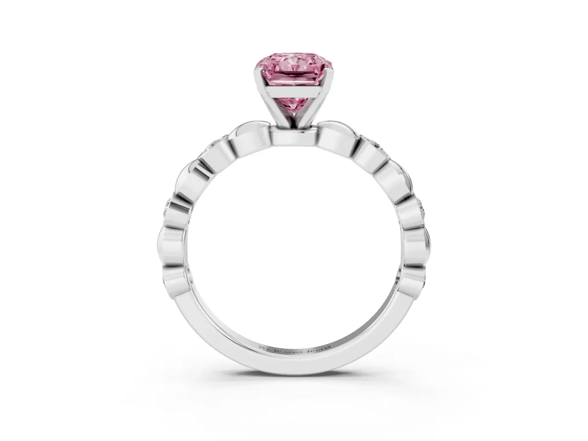 Fancy Pink Radiant Cut Solitaire Bezel-Set Diamond Ring with Beaded Band and Four-Prong Setting Silver