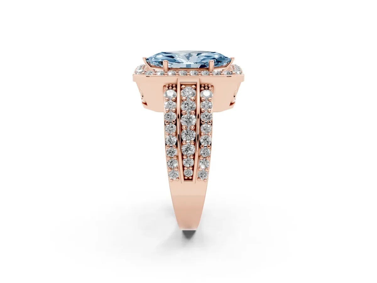 Fancy Blue Marquise Cut Halo Diamond Ring with Round Split Shank and Prong Setting Rose gold