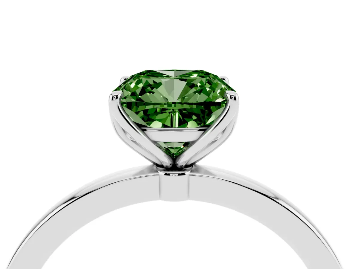 Fancy Green Cushion Cut Diamond Solitaire Ring with Thin Band and Prong Setting White gold