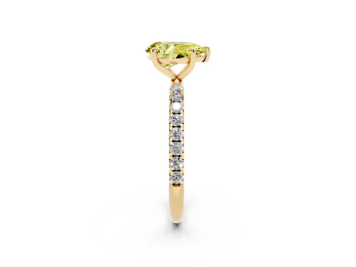 Fancy Yellow Pear Cut Cut Diamond Solitaire Ring with Micro Pave Band and Four Prong Setting Yellow gold