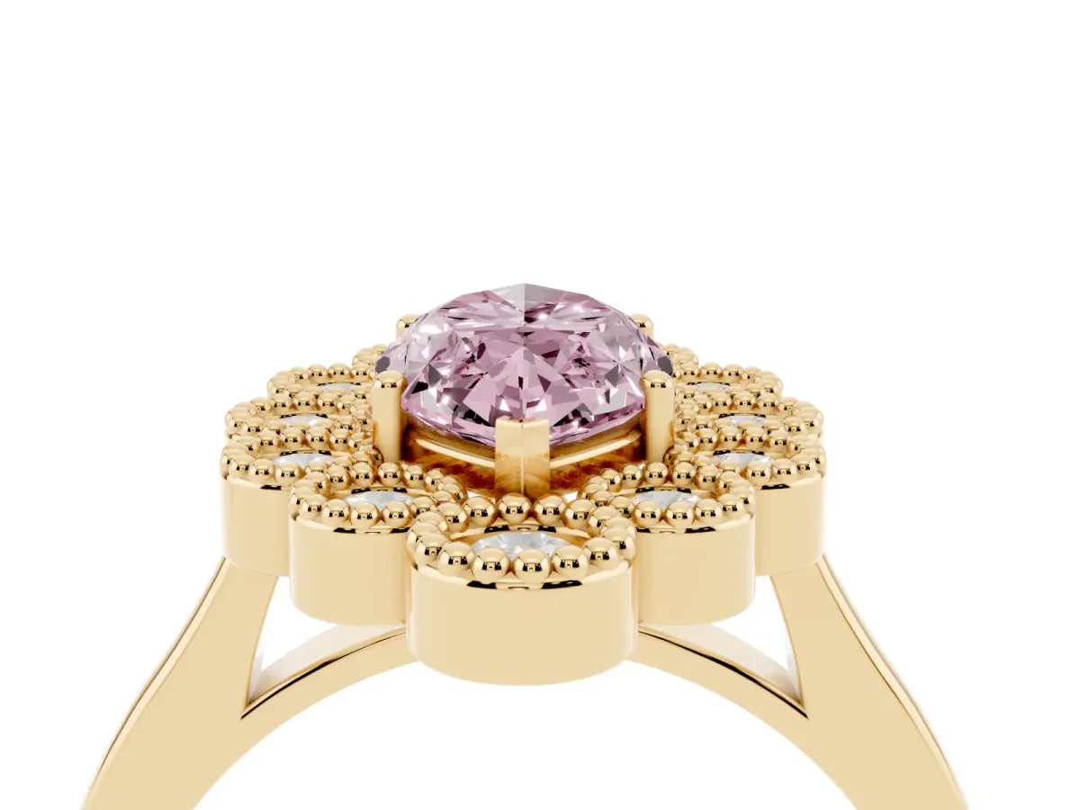 Fancy Pink Marquise Cut Halo Diamond Cluster Engagement Ring with Milgrain Bezel Setting and Solitaire Band Yellow gold