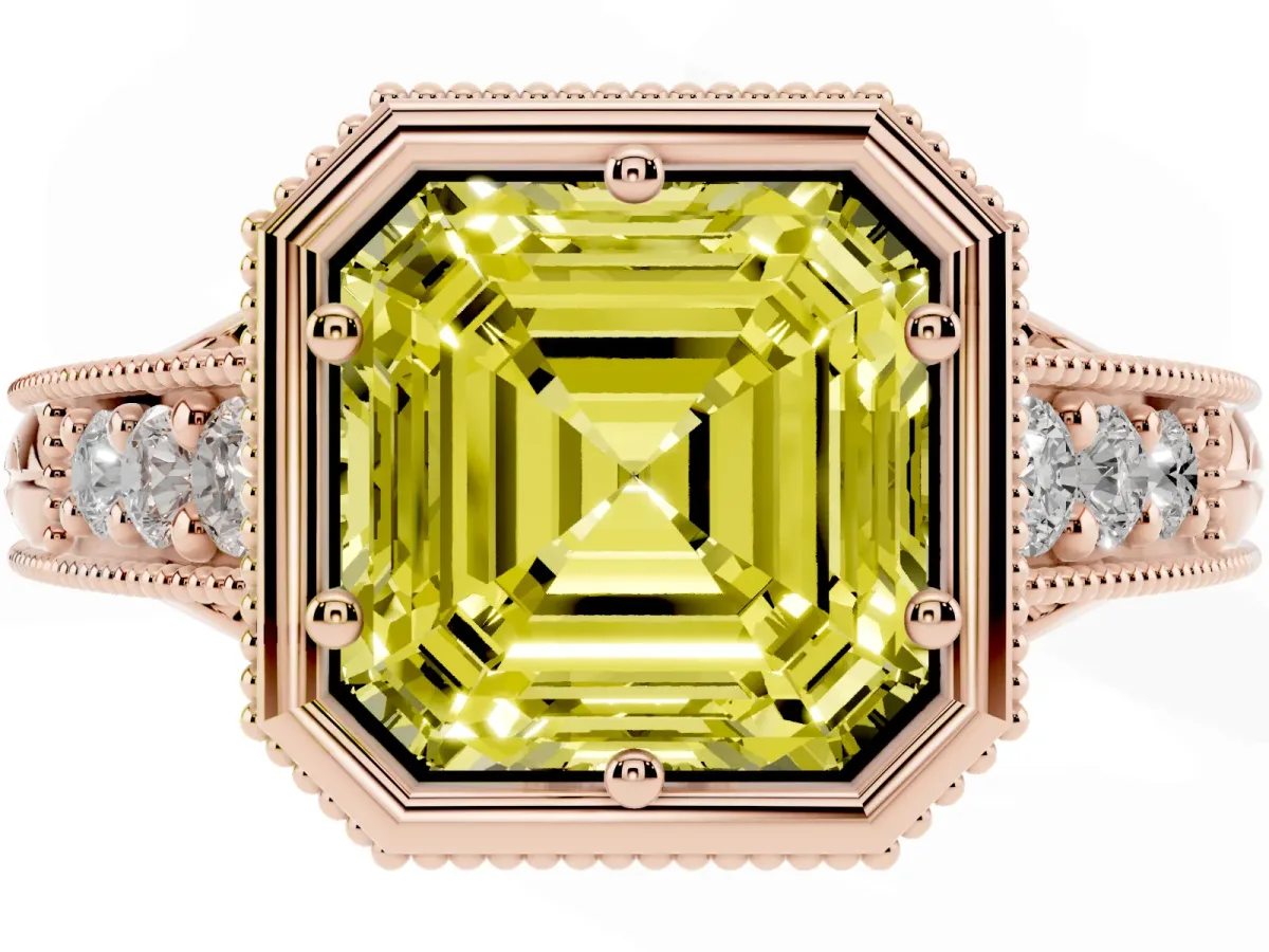 Fancy Yellow Bezel Set Asscher Cut Diamond Milgrain Pave Engagement Ring Rose gold
