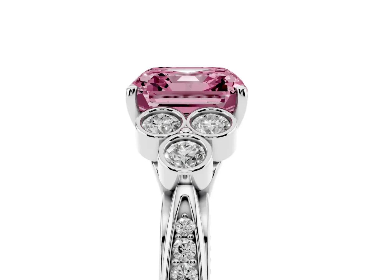 Fancy Pink Asscher Cut Cut Diamond Engagement Ring with Bezel Set Round Side Stones and Prong Setting Platinum