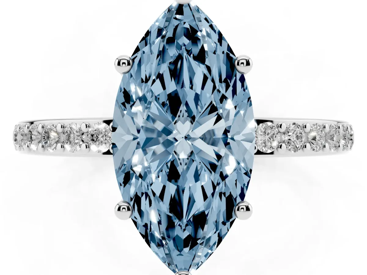 Fancy Blue Marquise Cut Cut Diamond Pavé Band Ring with Four-Prong Setting Platinum