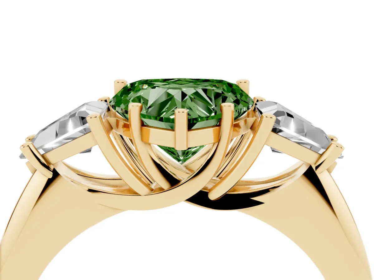 Fancy Green Three-Stone Heart Cut Diamond Engagement Ring with Trillion Side Stones and Prong Setting Yellow gold