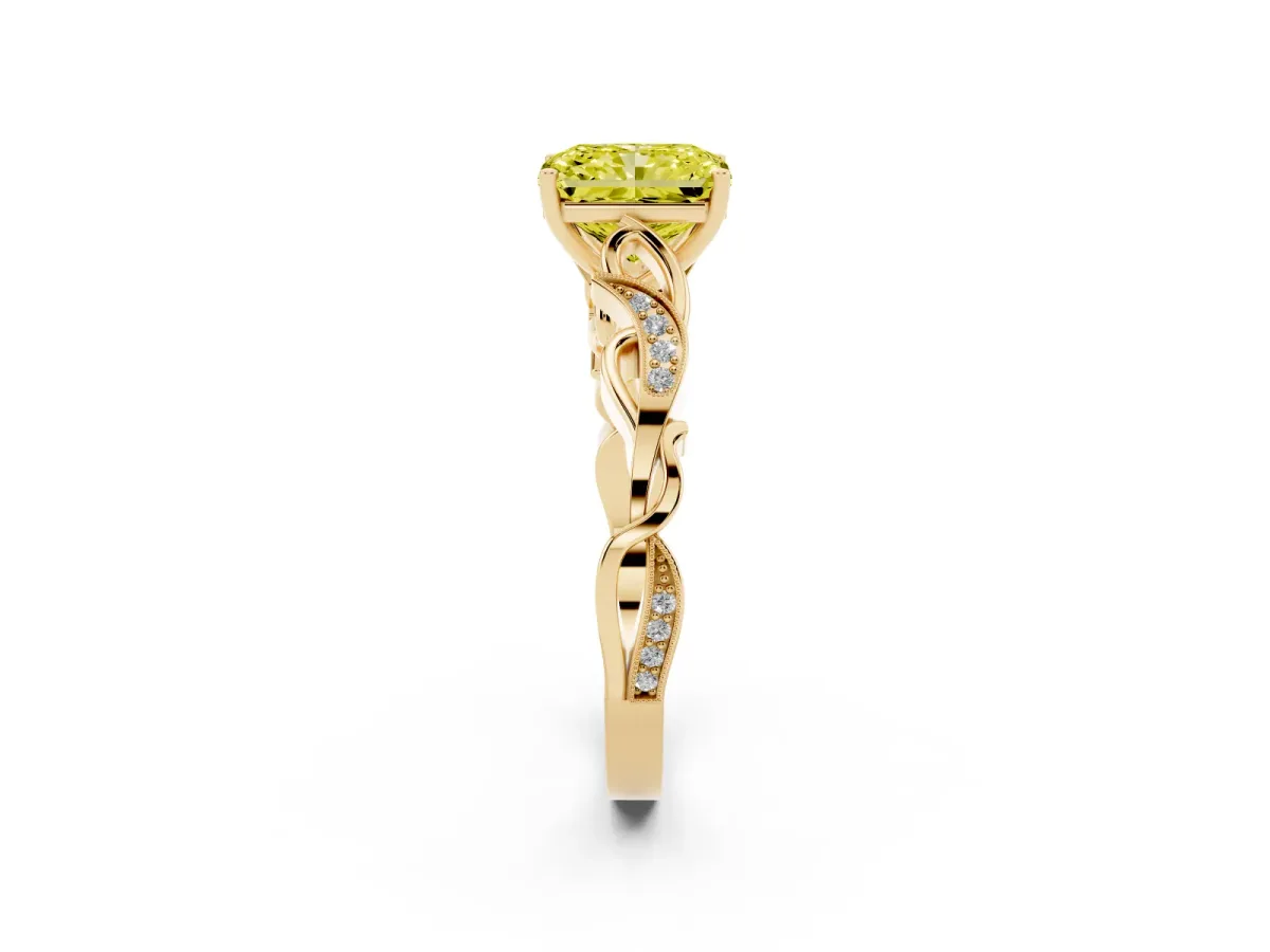 Fancy Yellow Radiant Cut Solitaire Vine Band with Milgrain Prong Setting Yellow gold