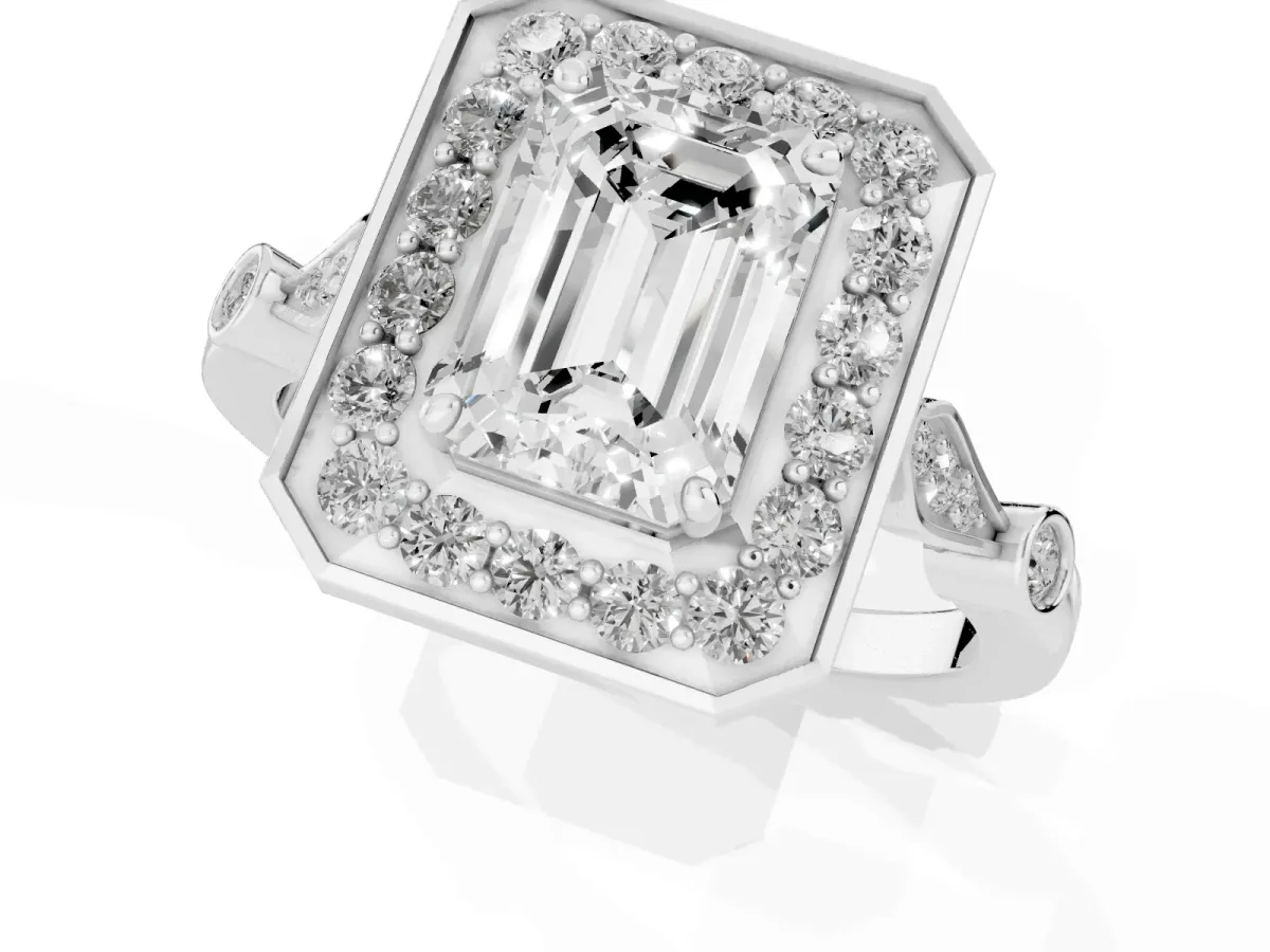 Emerald Cut Halo Diamond Engagement Ring with Twisted Band and Four-Prong Setting Silver