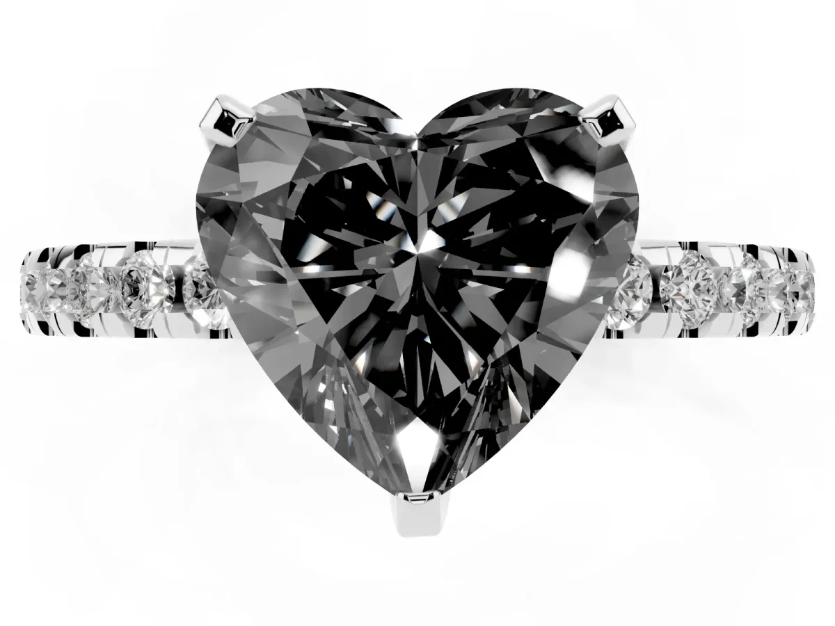 Fancy Black Heart Cut Diamond Solitaire Ring with Round Pavé Band and Four-Prong Setting Silver