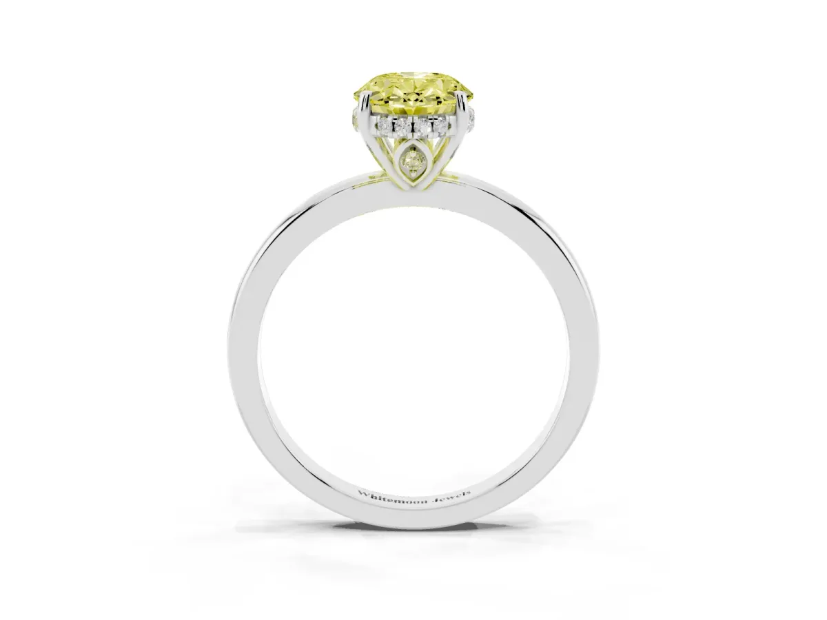 Fancy Yellow Oval Cut Solitaire Diamond Ring with Prong Setting and Plain Band Silver