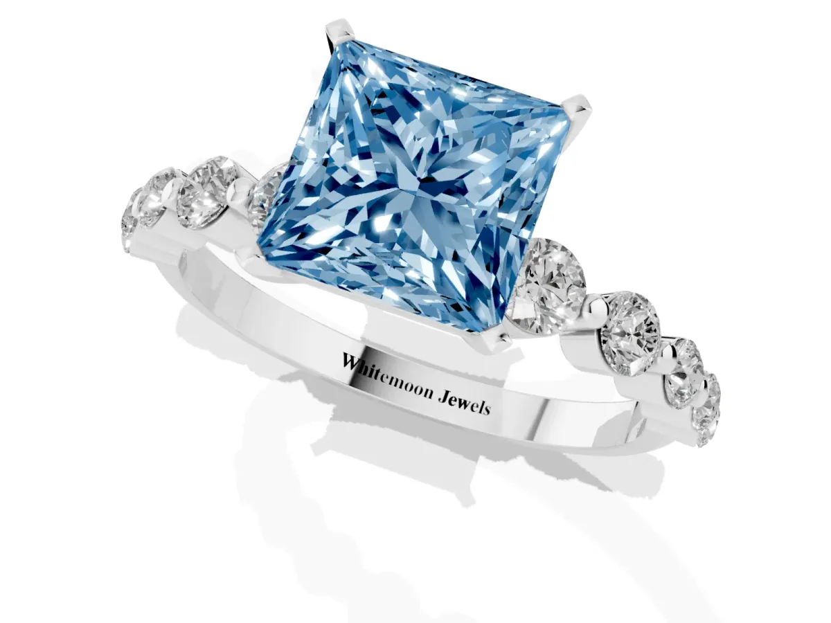 Fancy Blue Princess Cut Solitaire Diamond Ring with Pave Band and Four-Prong Setting Silver