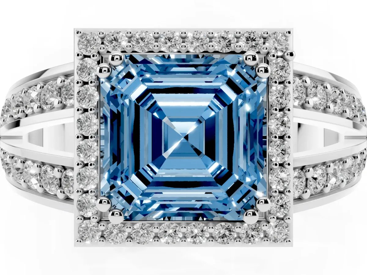 Fancy Blue Asscher Cut Diamond Halo Ring with Split Shank Pavé Band and Four-Prong Setting Silver
