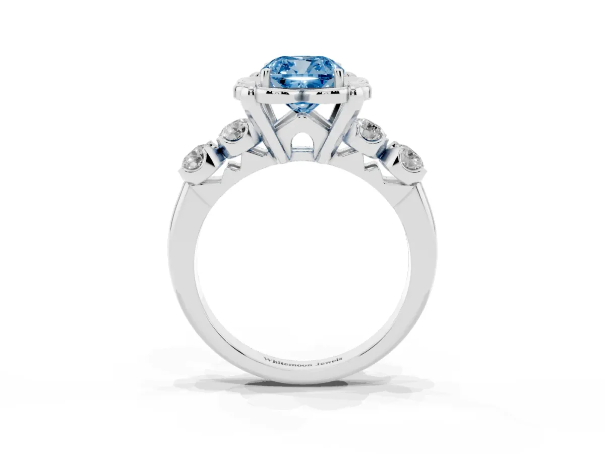 Fancy Blue Cushion Cut Cut Diamond Floral Halo Engagement Ring with Shared Prong Setting Silver