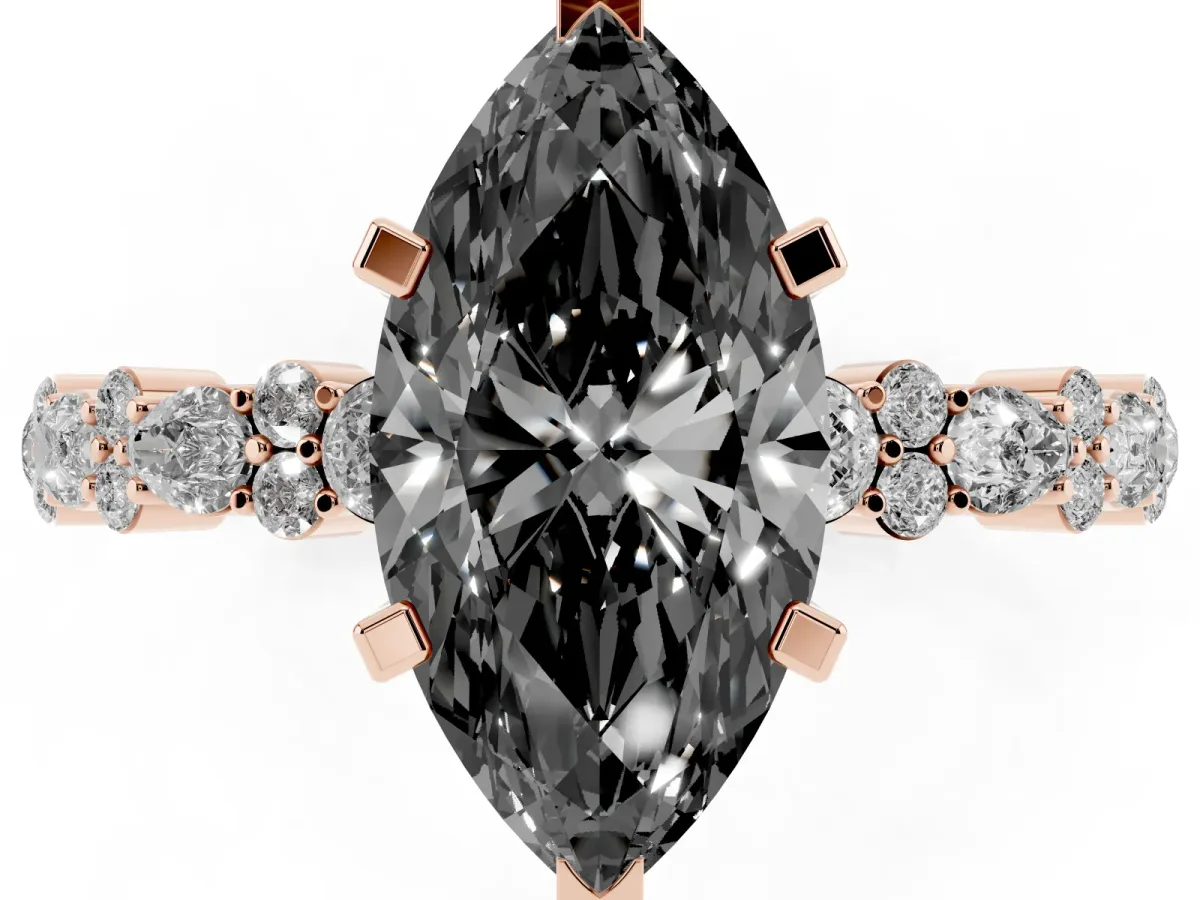 Fancy Black Marquise Cut Diamond Side Stone Solitaire Ring with Round and Four-Prong Setting Rose gold