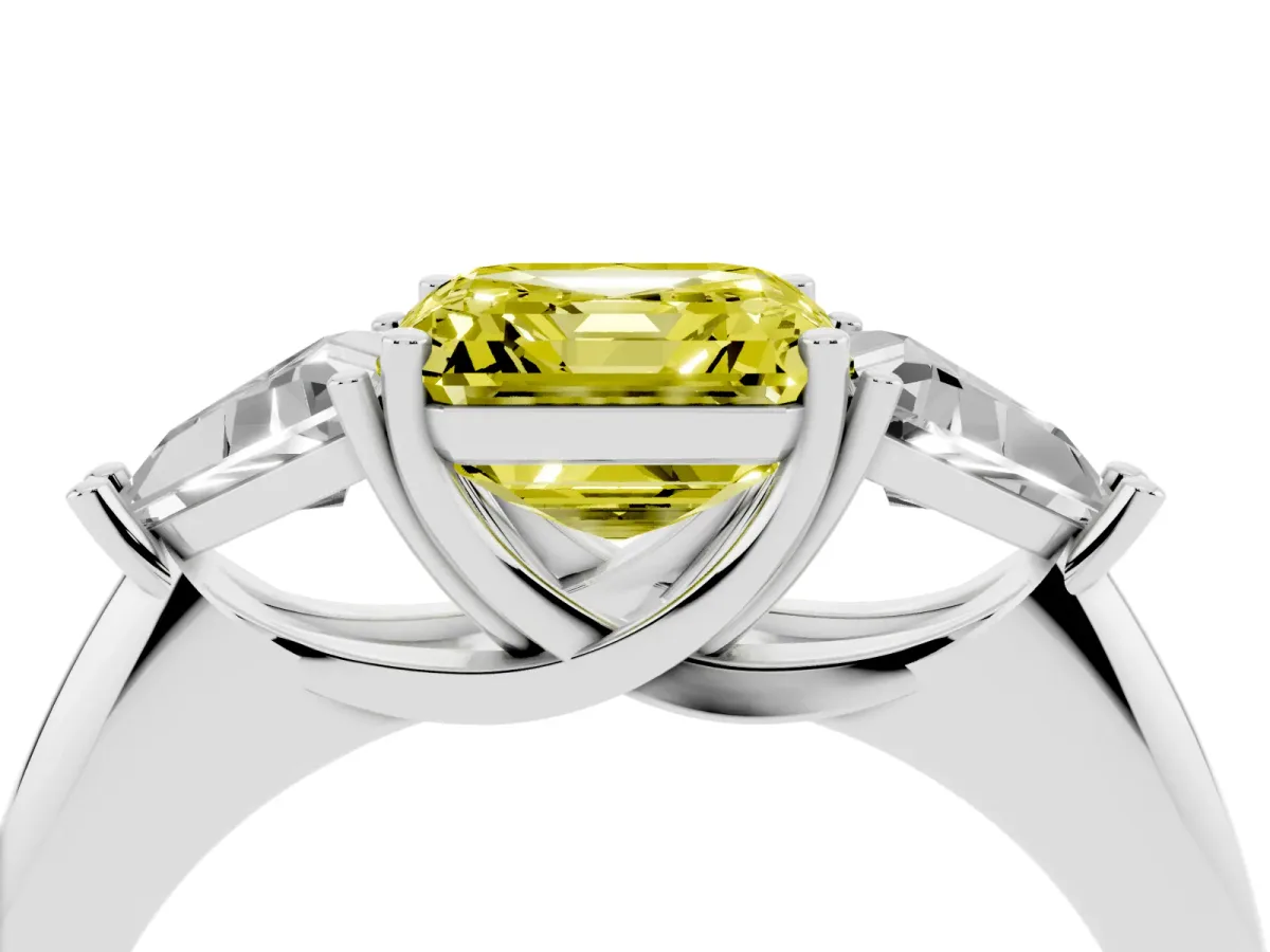 Fancy Yellow Three-Stone Asscher Cut Diamond Engagement Ring with Trillion Side Stones and Prong Setting Silver