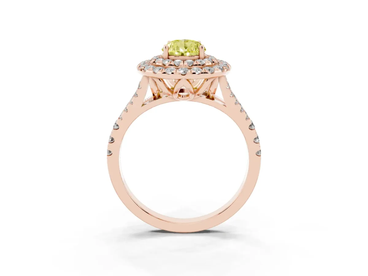Fancy Yellow Double Halo Pear Cut Diamond Pavé Split Shank Ring with Prong Setting Rose gold