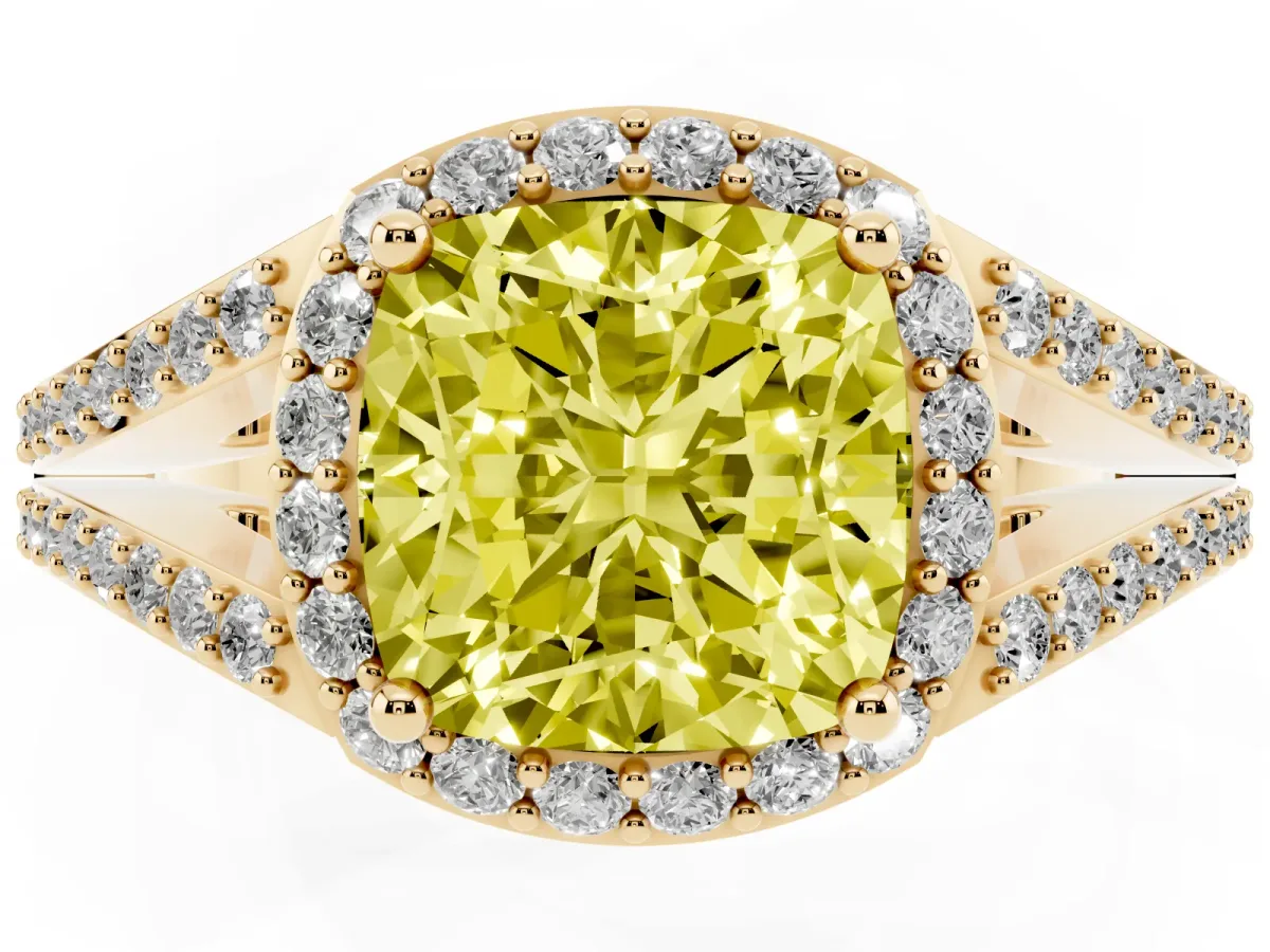 Fancy Yellow Cushion Cut Halo Split Shank Pave Diamond Ring with Four-Prong Setting Yellow gold