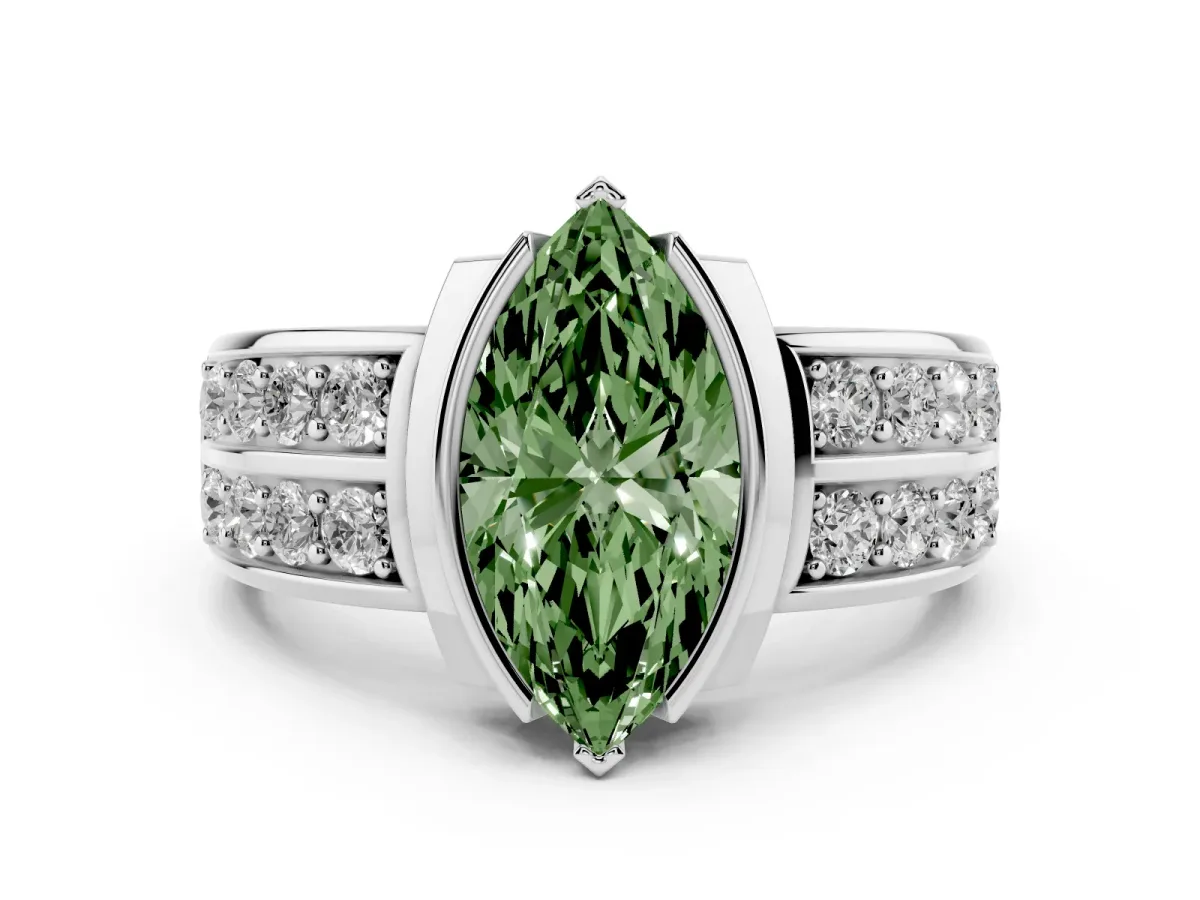 Fancy Green Marquise Cut Brilliant Diamond Channel Set Wide Band Ring with Bezel Setting White gold