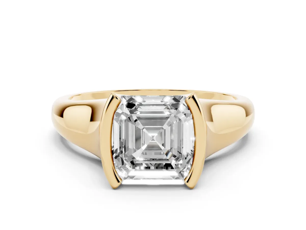 Asscher Cut Solitaire Tension Set Diamond Ring with Split Shank Band Yellow gold