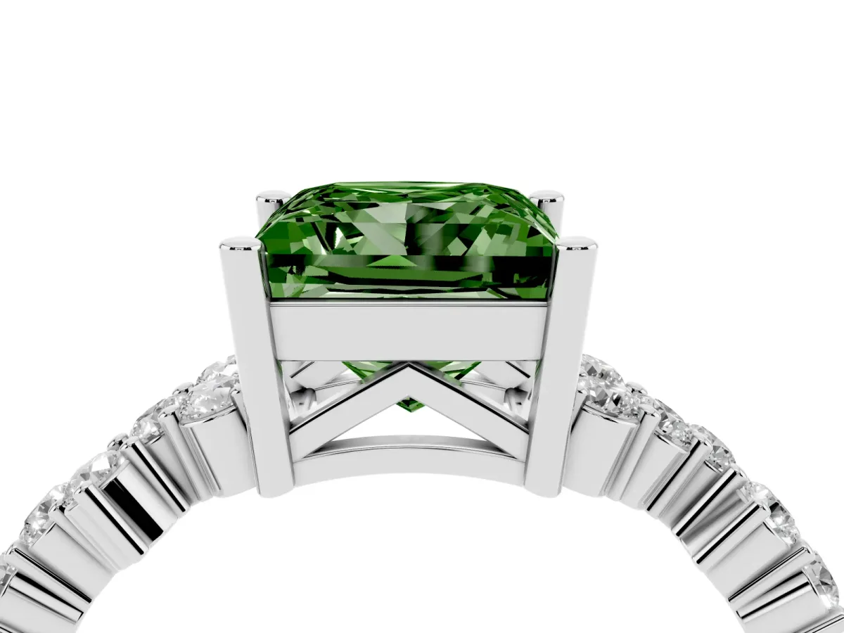 Fancy Green Princess Cut Diamond Scattered Round Accent Ring with Prong Setting Silver