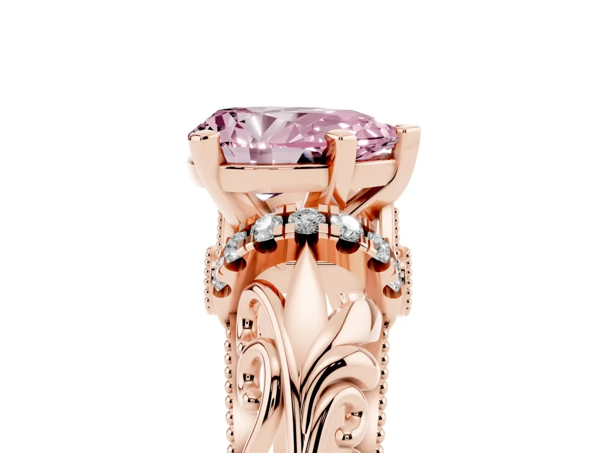 Fancy Pink Pear Cut Solitaire Filigree Engagement Ring with Halo and Prong Setting Rose gold