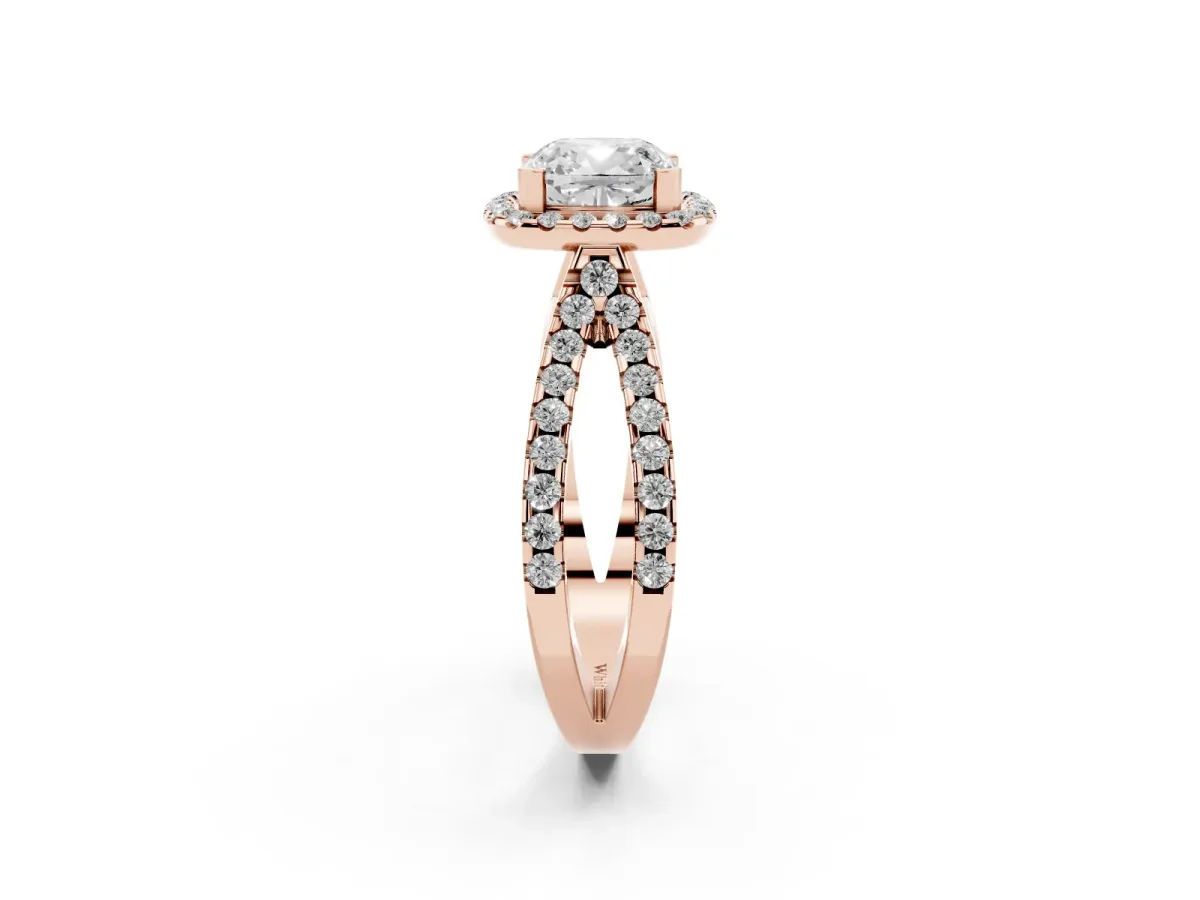 Cushion Cut Diamond Halo Ring with Split Shank Pavé Band and Prong Setting Rose gold