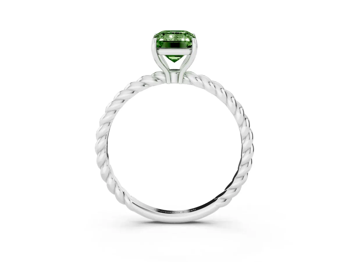 Fancy Green Emerald Cut Solitaire Twisted Band 4-Prong Ring Silver