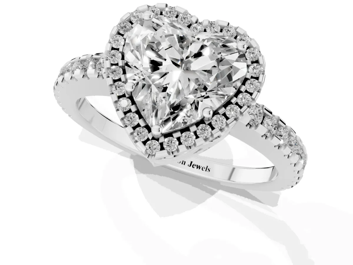 Heart Cut Diamond Halo Engagement Ring with Pavé Band and Prong Setting Platinum