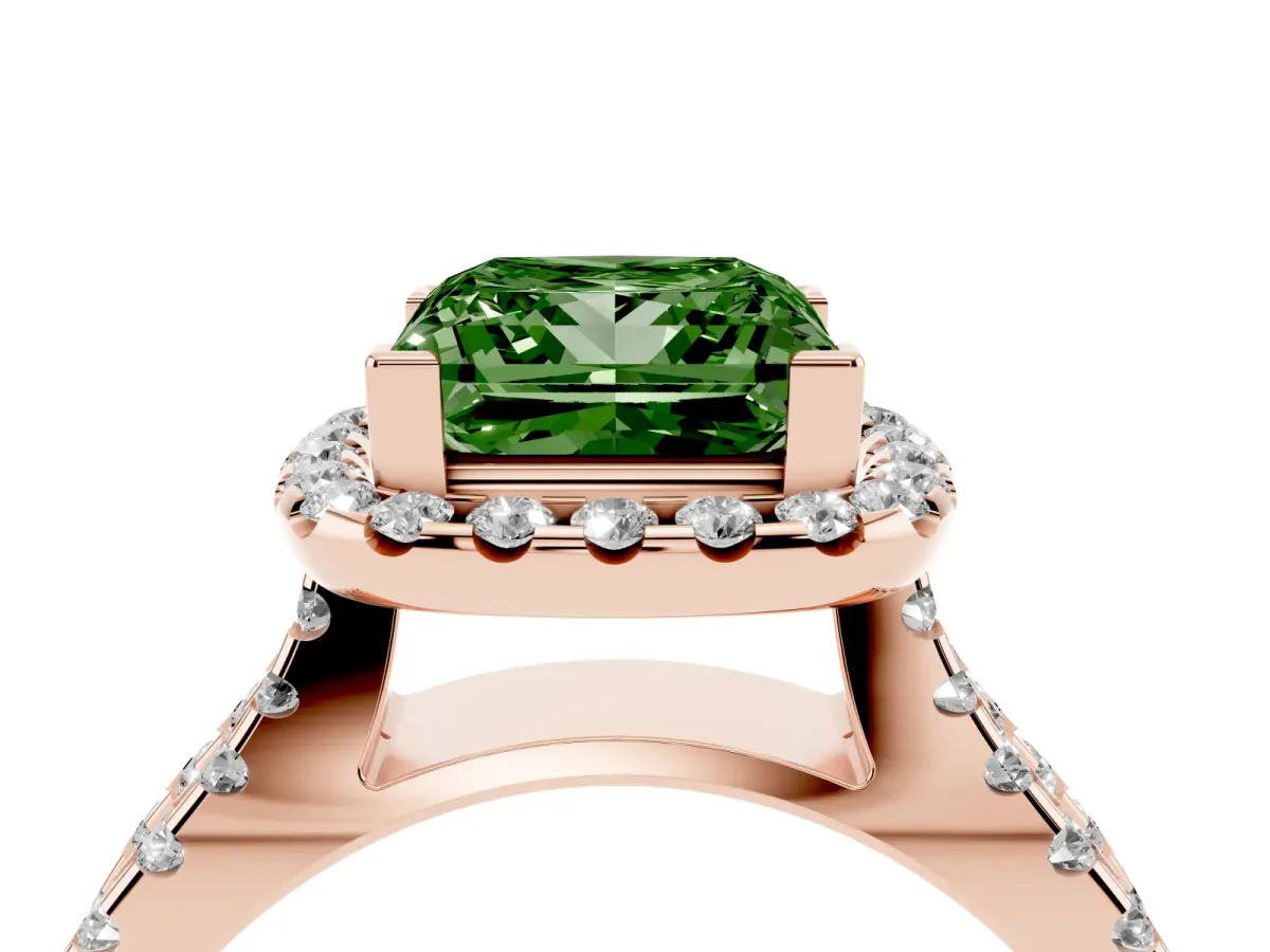 Fancy Green Princess Cut Diamond Halo Ring with Split Shank Pavé Band and Prong Setting Rose gold
