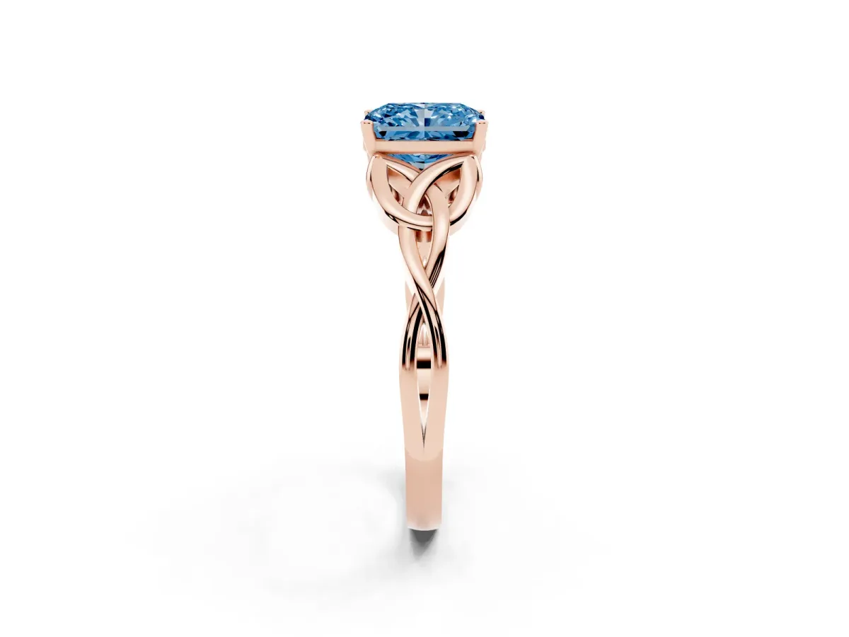 Fancy Blue Radiant Cut Diamond Solitaire Engagement Ring with Celtic Knot Band and Four-Prong Setting Rose gold