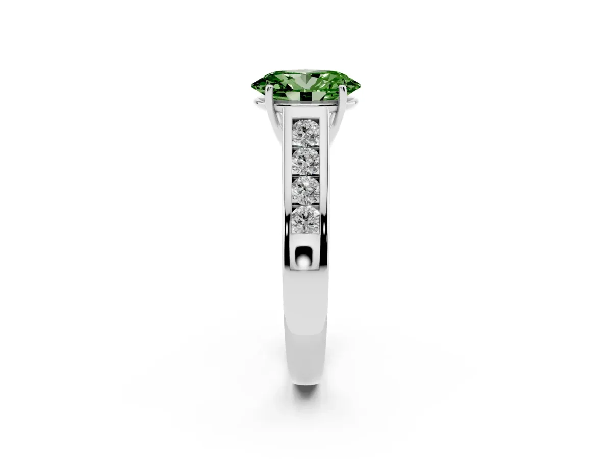 Fancy Green Oval Cut Brilliant Channel-Set Solitaire Ring with Four-Prong Setting Platinum