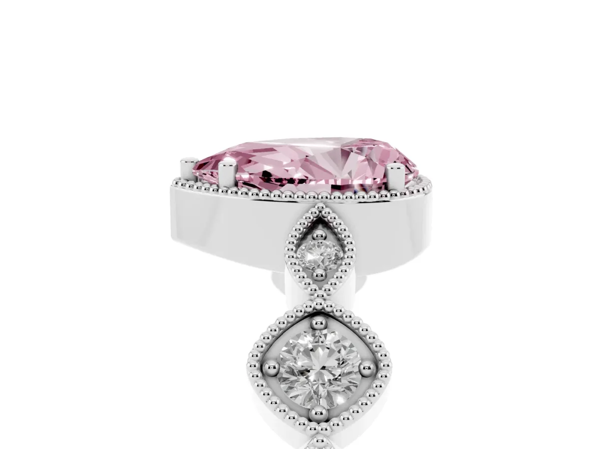 Fancy Pink Pear Cut Diamond Vintage Milgrain Ring with Round Stations Silver