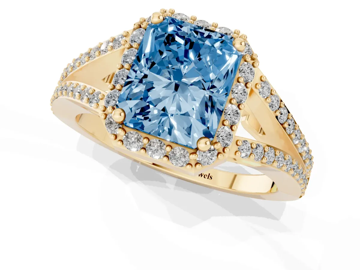 Fancy Blue Radiant Cut Halo Split Shank Diamond Ring with Prong Setting Yellow gold