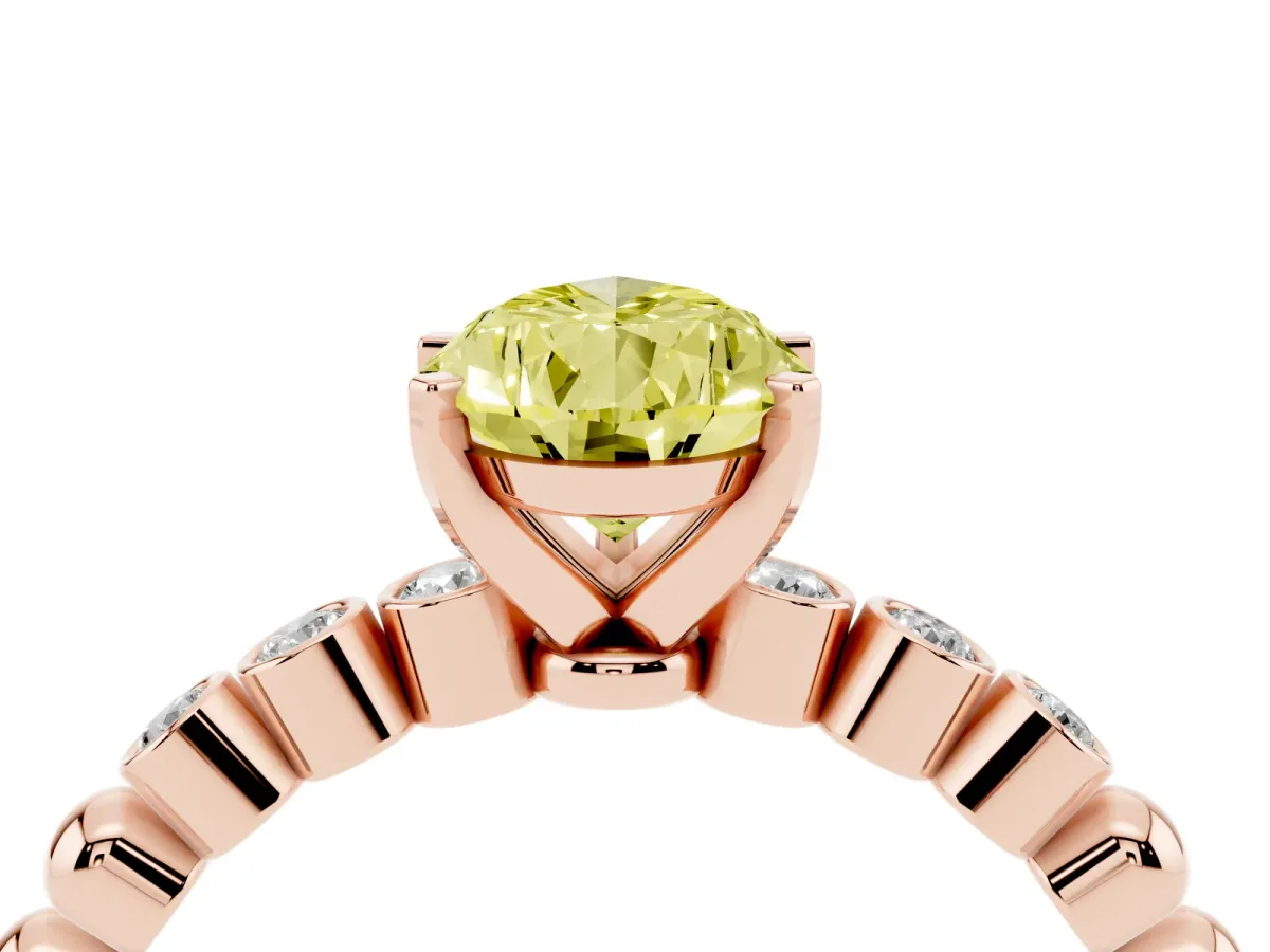 Fancy Yellow Pear Cut Solitaire Bezel Accent Diamond Engagement Ring with Beaded Band and Four-Prong Setting Rose gold