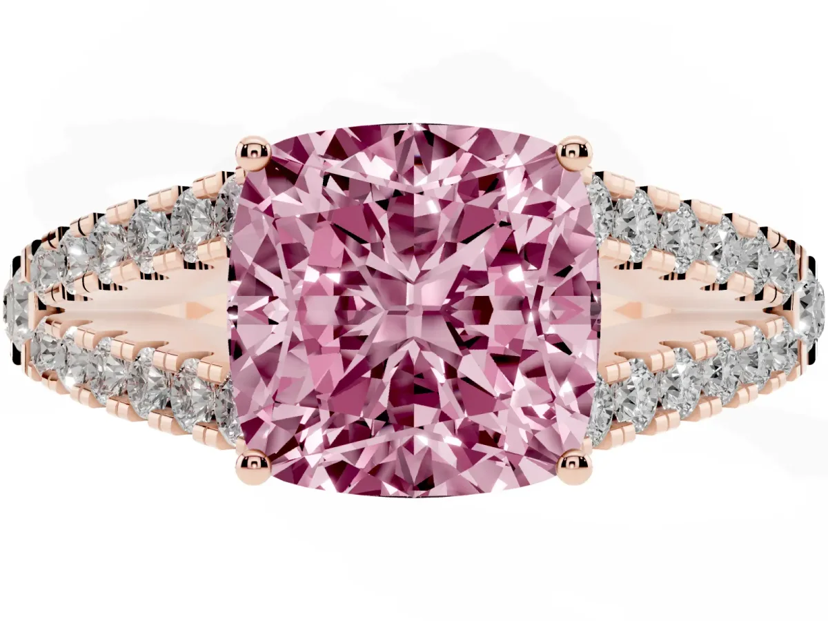 Fancy Pink Cushion Cut Diamond Split Shank Pavé Engagement Ring with Four-Prong Setting Rose gold