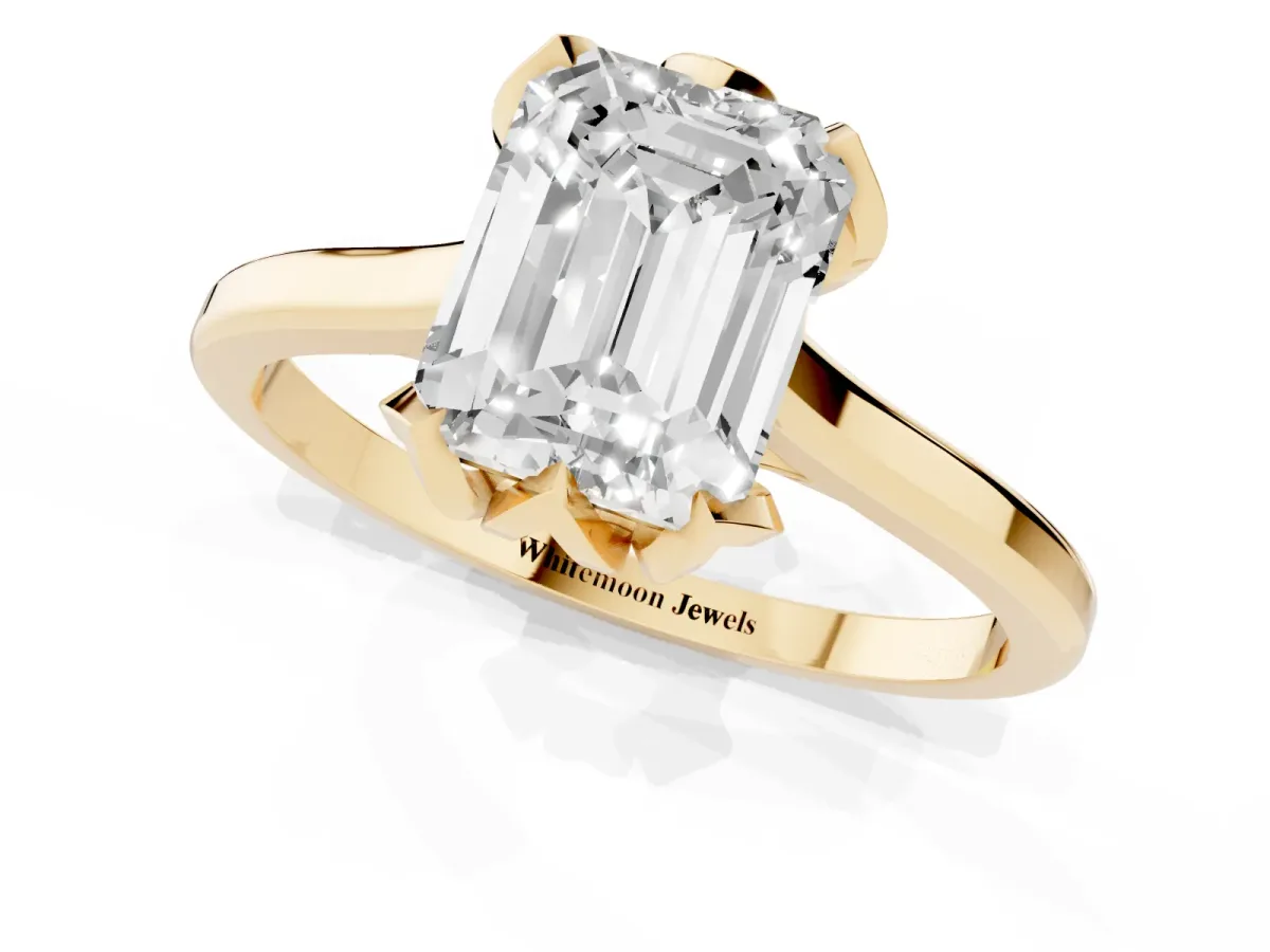 Emerald Cut Diamond Solitaire Ring with Flower Prong Setting and Classic Band Yellow gold