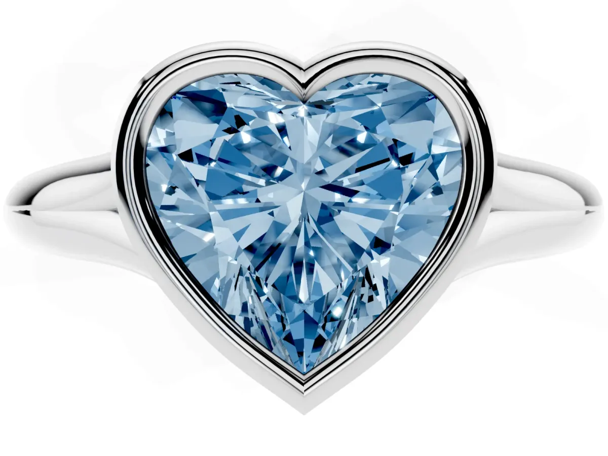 Fancy Blue Bezel Set Heart Cut Solitaire Diamond Ring with Smooth Band Platinum