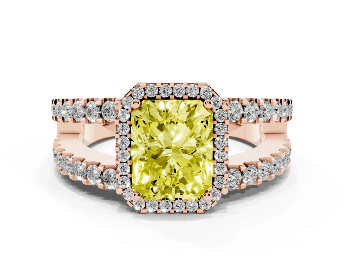 Fancy Yellow Radiant Cut Cut Halo Split Shank Diamond Ring with Four-Prong Setting Rose gold