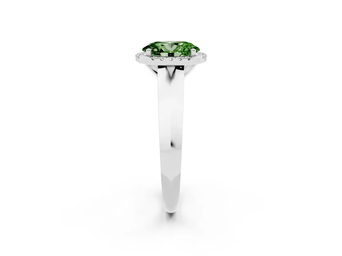 Fancy Green Oval Cut Halo Diamond Ring with Cathedral Band and Four-Prong Setting Silver